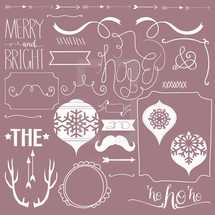 Merry and bright, ho ho ho, Christmas, antlers, frame, ornaments, hope, script, border, scroll, arrows, mustache, and, words, &, The, star, mirror, icon