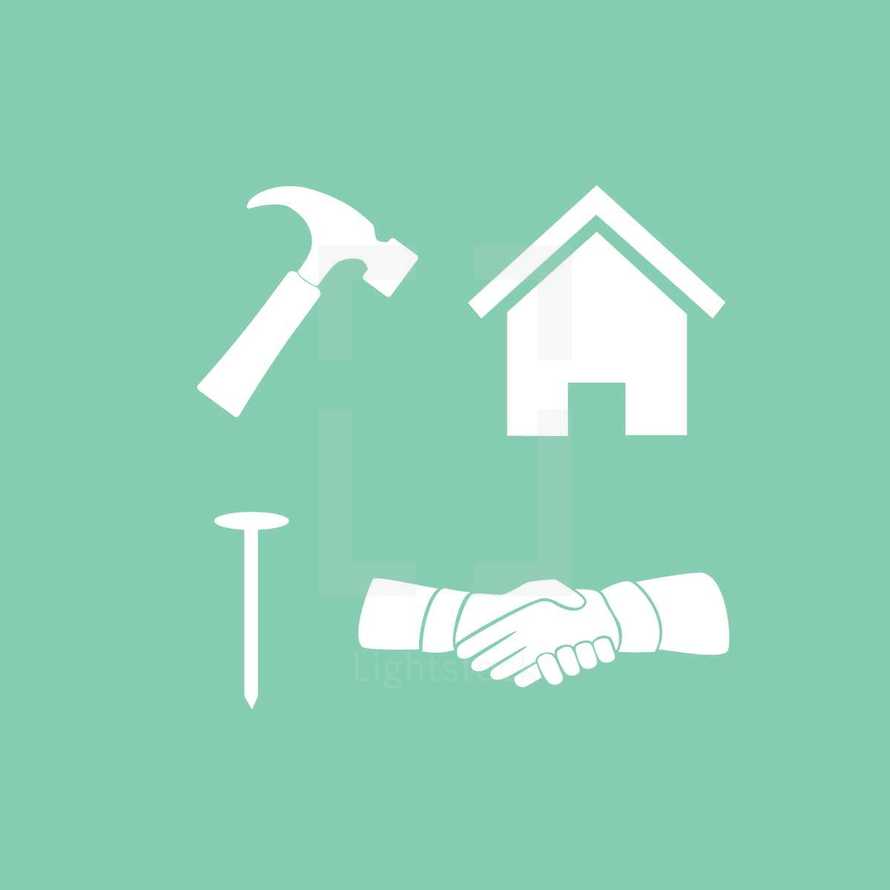 hammer, nail, shaking hands, hand shake, house, construction, icons 
