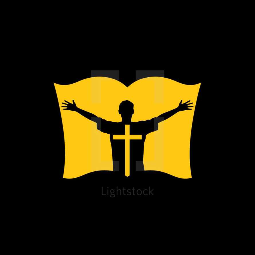 yellow, man, silhouette, raised hands, worship, praise, Bible, cross, logo, icon