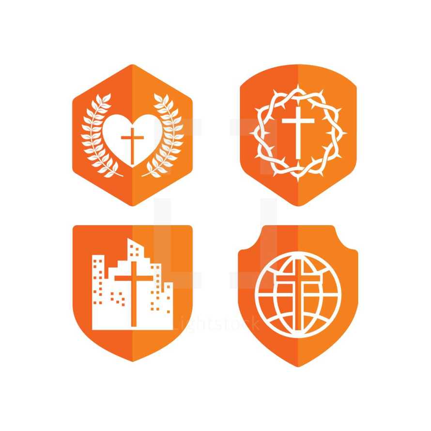 shield, badge, orange, white, globe, missions, cross, icon, city, church, crown of thorns, heart, olive branch