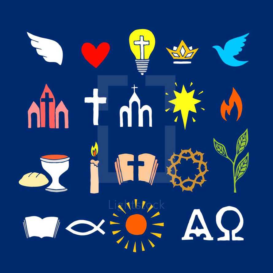 Christian symbols and icons drawn by hand. Biblical vector illustration.