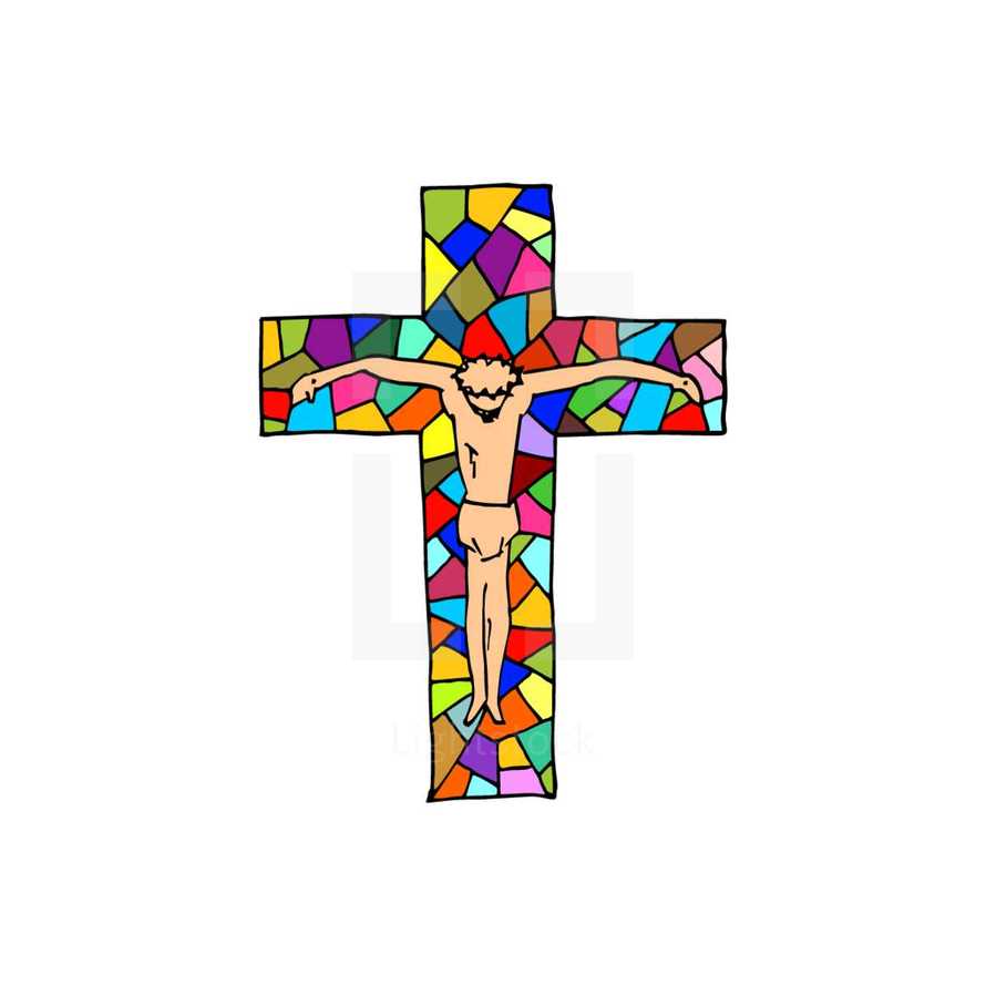 Lord Jesus on the cross. Cross drawn by hand. Mosaic style. Christian and biblical symbols.