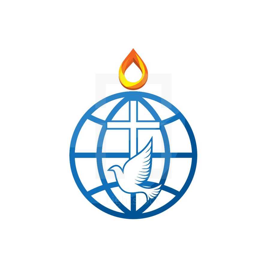 dove, cross, globe, flame, logo, missions, icon, tongue of fire