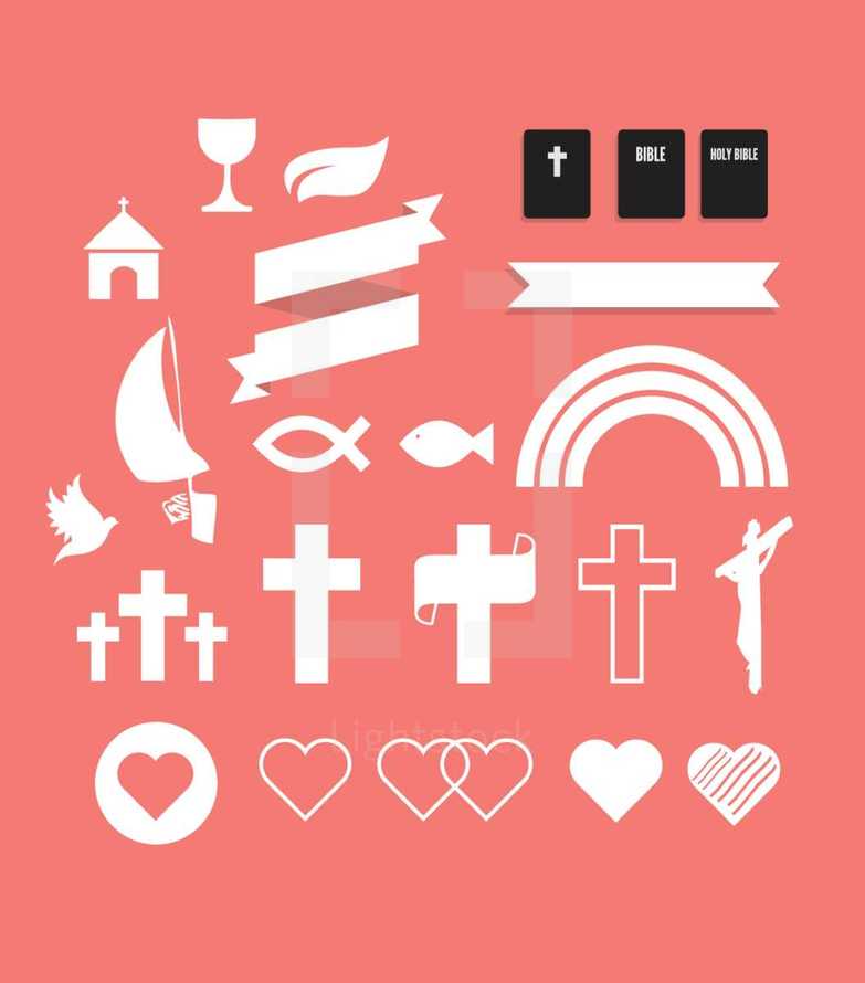 cross, heart, crucifix, dove, Jesus fish., rainbow, hope, banner, church, chalice, wine, Bible, icon