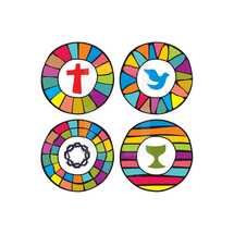 cross, dove, chalice, crown of thorns, Christian, icons, rainbow, stained glass window, colorful, badge