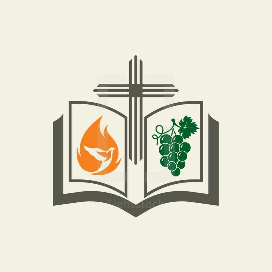 cross, Bible, flame, grapes, dove, icon, gray, orange, green, icon, symbol