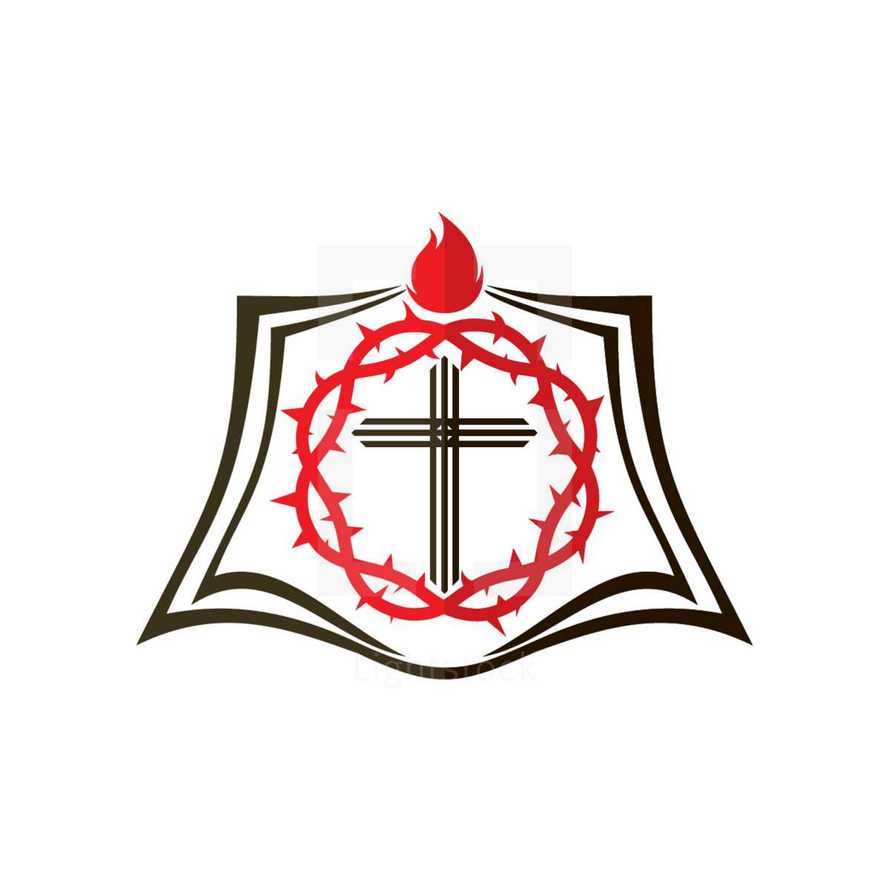 crown of thorns, cross, shield, flame, icon, red, black 