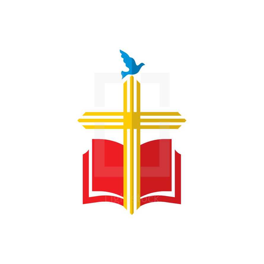 cross, Bible, dove, icon, red, yellow, blue 