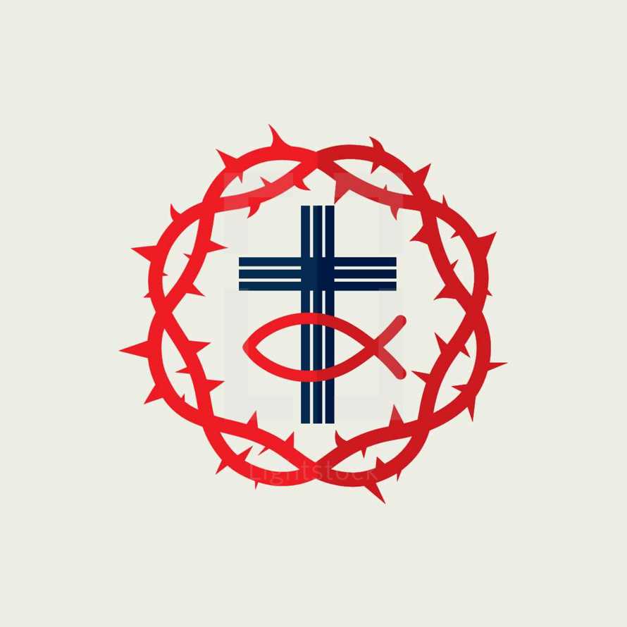 crown of thorns, cross, Jesus fish, icon