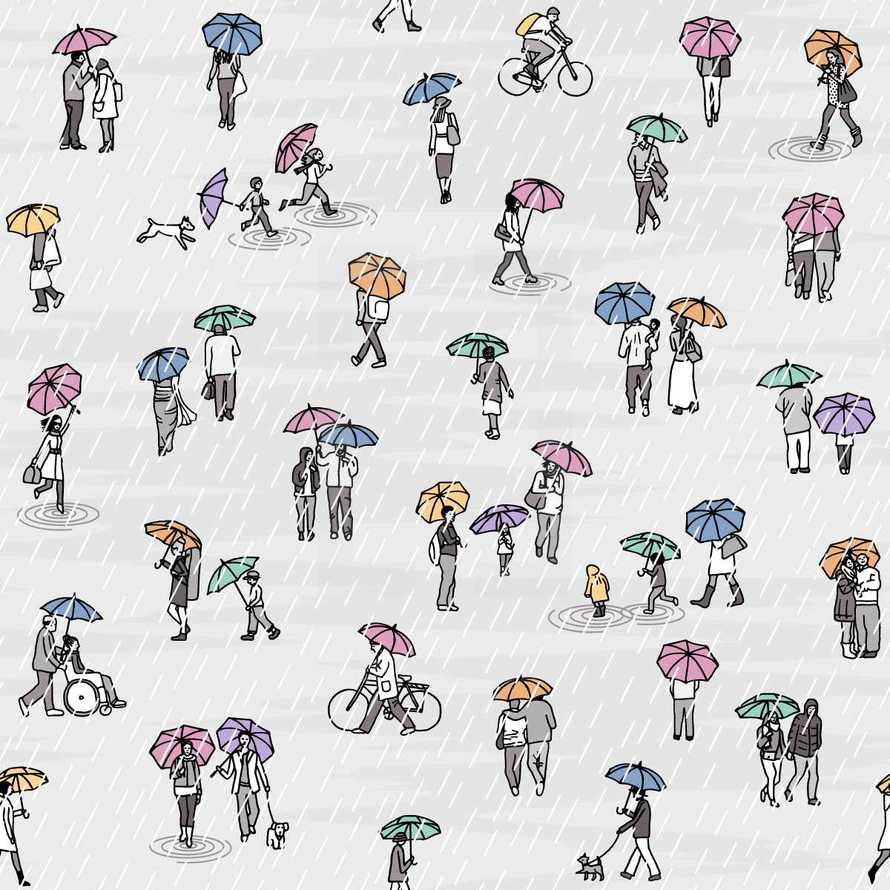 tiny people with umbrellas 