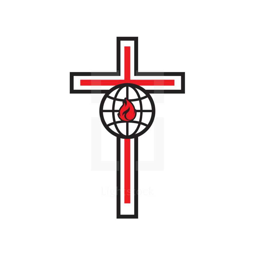cross, globe, red, black, flame, missions, icon