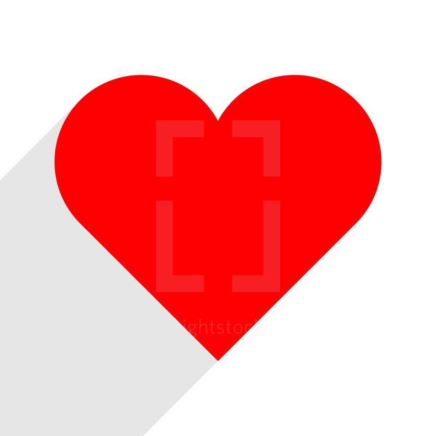 Red heart with gray long shadow. The red heart icon is on white background. The red heart symbol for love emotions created in flat design style. The multimedia red heart button is intended for an audio music or movie video player. The red heart icon for the content you like is designed to use a Graphical User Interface. The medical red heart sign can be used for the cardiology department at the clinic for heart disease. The design graphic element is saved as a vector illustration in the EPS file format for your design projects.
