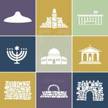 Set of 9 icons symbolizing the City of Jerusalem: Shrine of the Book (displaying the ancient Dead Sea scrolls), Walls of Jerusalem, different Towers, the dome of the Rock, The Church in the garden of Gethsemane, a Menorah, a typical gate in Jerusalem's walls and the dome of the rock