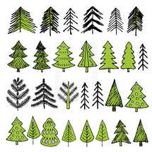 Hand-drawn Christmas trees for winter and holiday illustrations.