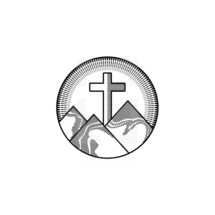 Church logo. Christian symbols. Cross of the Savior Jesus Christ against the backdrop of mountains and radiance