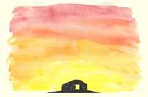 Vector watercolor of the empty tomb. The tomb, hill and sunrise are grouped in separate layers.