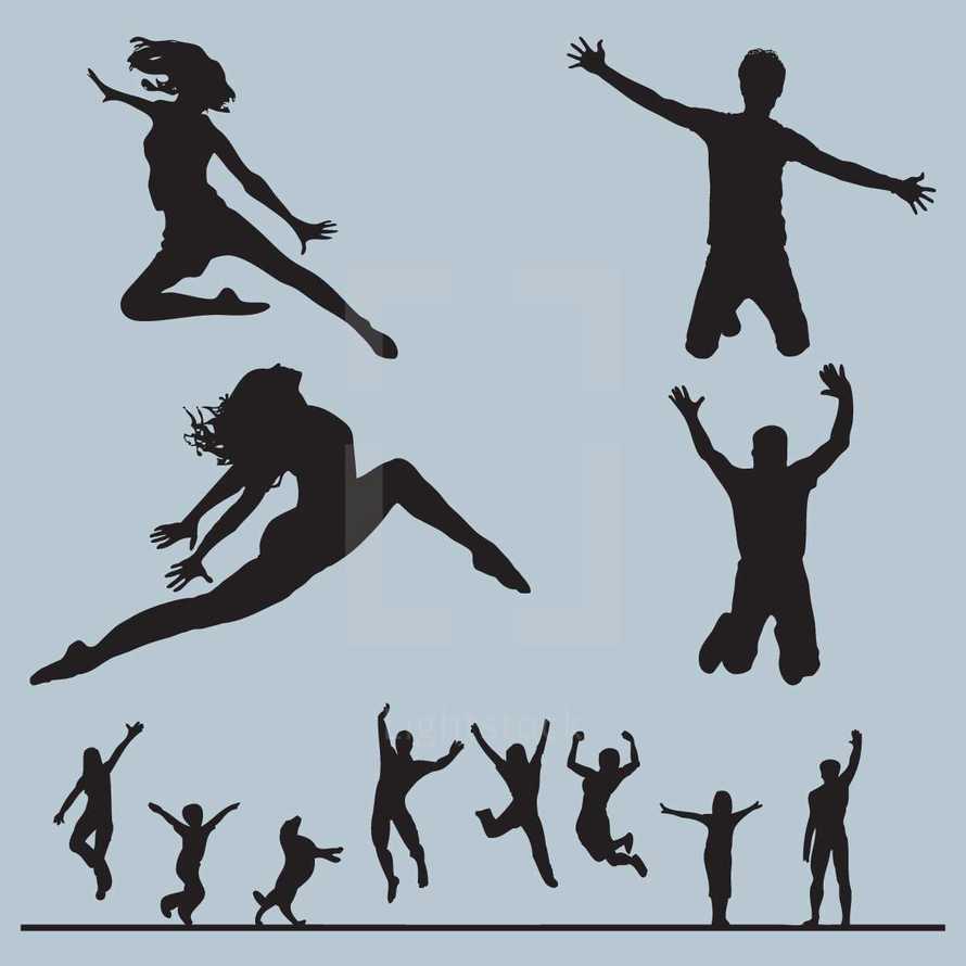 jumping, dance, silhouette, man, woman, child, girl, boy, dog, pet, animal, people, dancer, icon
