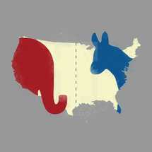 political illustration of USA map with elephant and donkey silhouettes. 