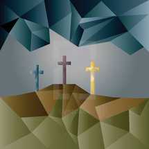 Three crosses on a hill, signifying Jesus' life, death and resurrection.