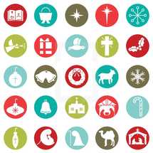 Christmas circle icon set including Bible, manger, star, snow flake, angel, present, dove, cross, holly, bulb, ornament, bell, bells, wreath, lamb, church, nativity, candy cane, Mary, Joseph, Jesus, camel, worship.