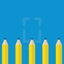 A row of sharpened yellow pencils on a blue background.
