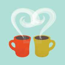 two coffee cups and steam in the shape of a heart 