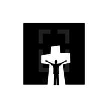 a man with open arms and cross logo