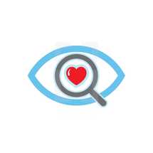 magnifying glass over an eye with a heart 