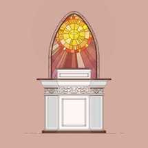 A classic pulpit vector illustration featuring a stained glass backdrop.