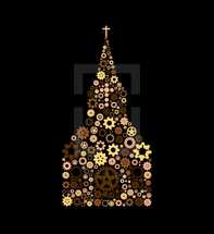 Fully editable gears or cogs of various colors in the shape of a church representative of a working or healthy church.