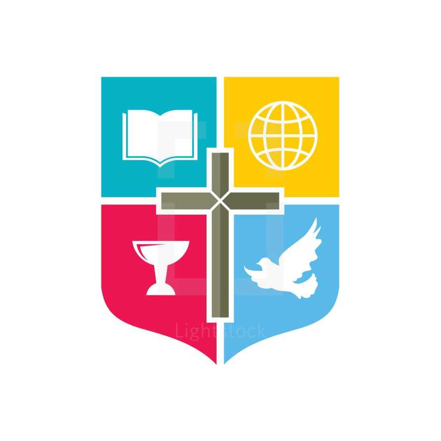 color blocks, chalice, cross, dove, Bible, globe, missions, shield, icon