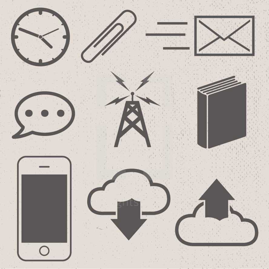 paperclip, phone, cellphone, iphone, download, upload, book, electricity, though bubble, email, envelope, clock, time, icon