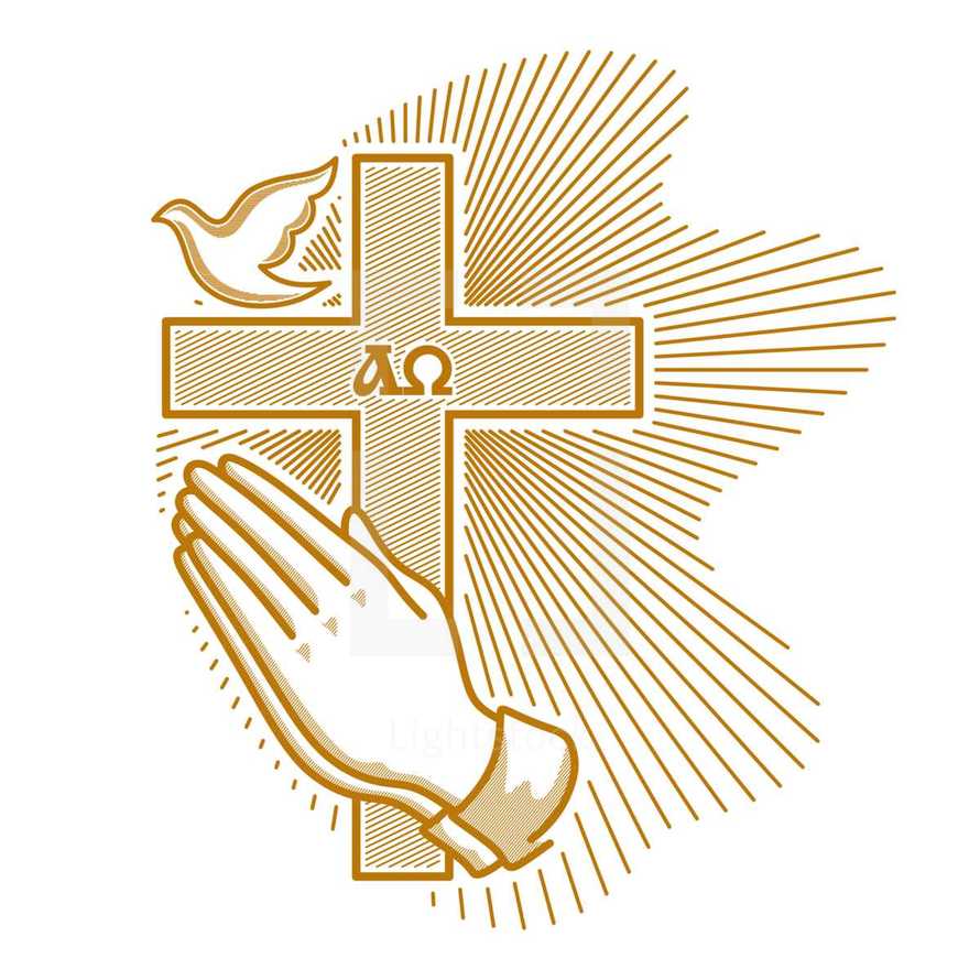 praying hands, dove, and cross with alpha and omega 