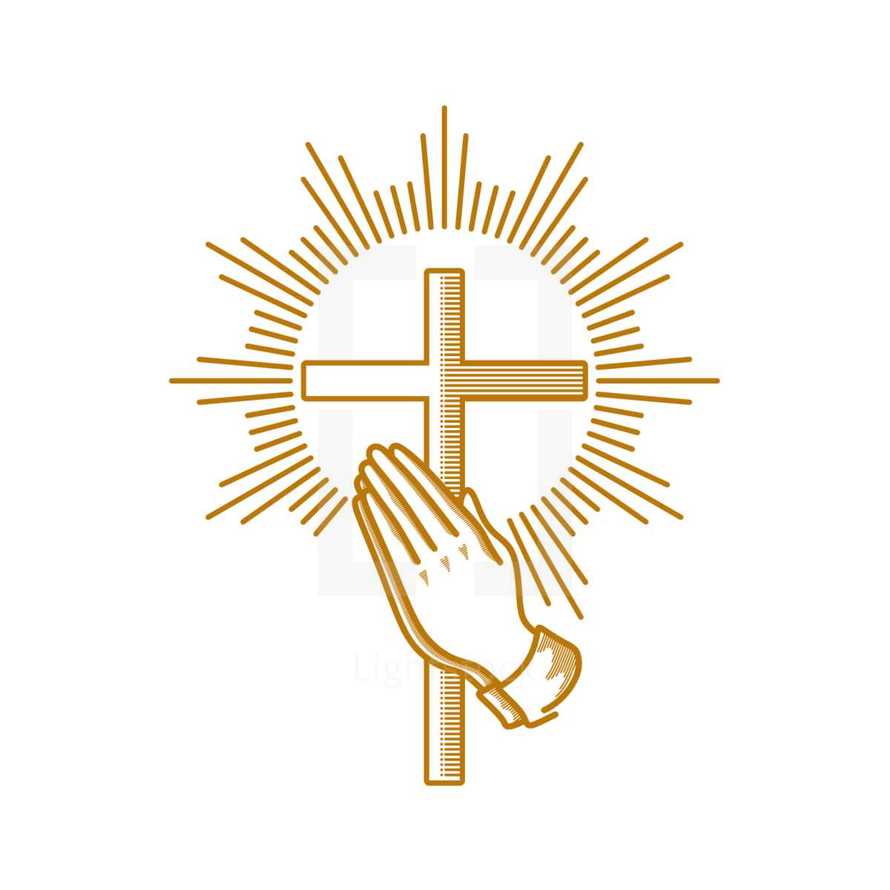 Church logo. Christian symbols. Praying hands and cross of Jesus Christ.