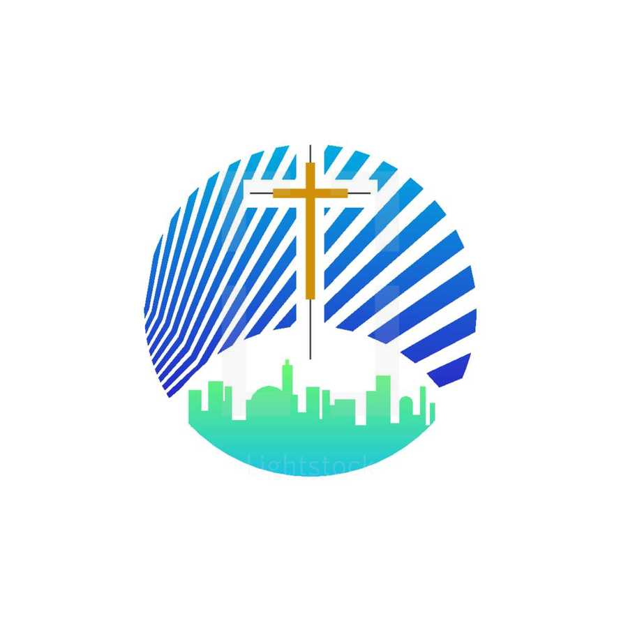 Church logo and christian symbols. Cross of the Savior Jesus Christ and geometric abstract symbols.