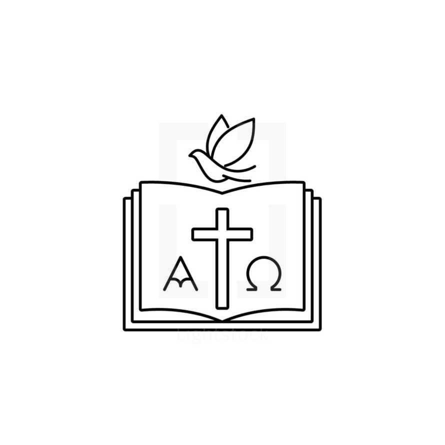 Church logo. Christian symbols. The cross of Jesus and the dove on the background of an open bible