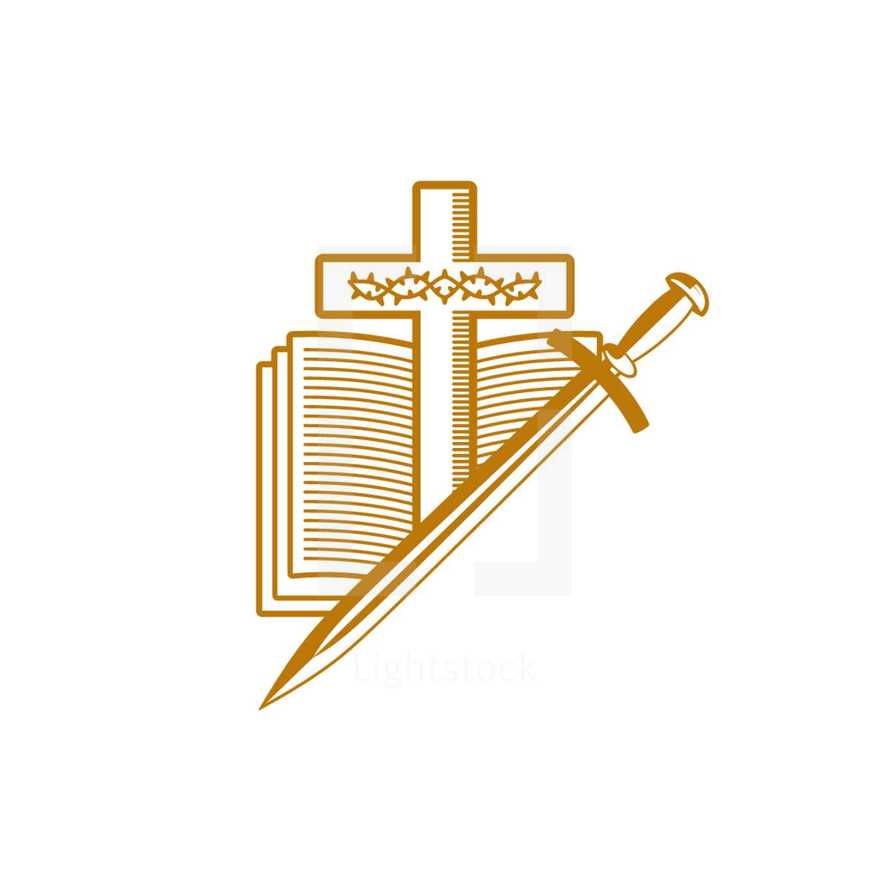 Church logo. Christian symbols. The cross of Jesus Christ, the Holy Scriptures, the crown of thorns and the sword.