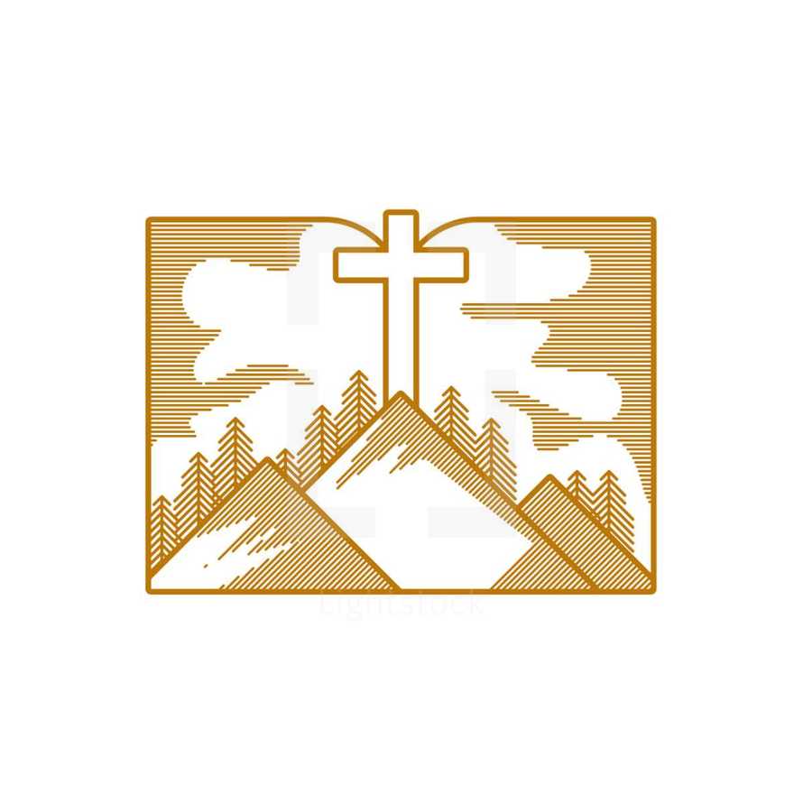 Church logo. Christian symbols. Mountains and a cross on the background of an open bible.
