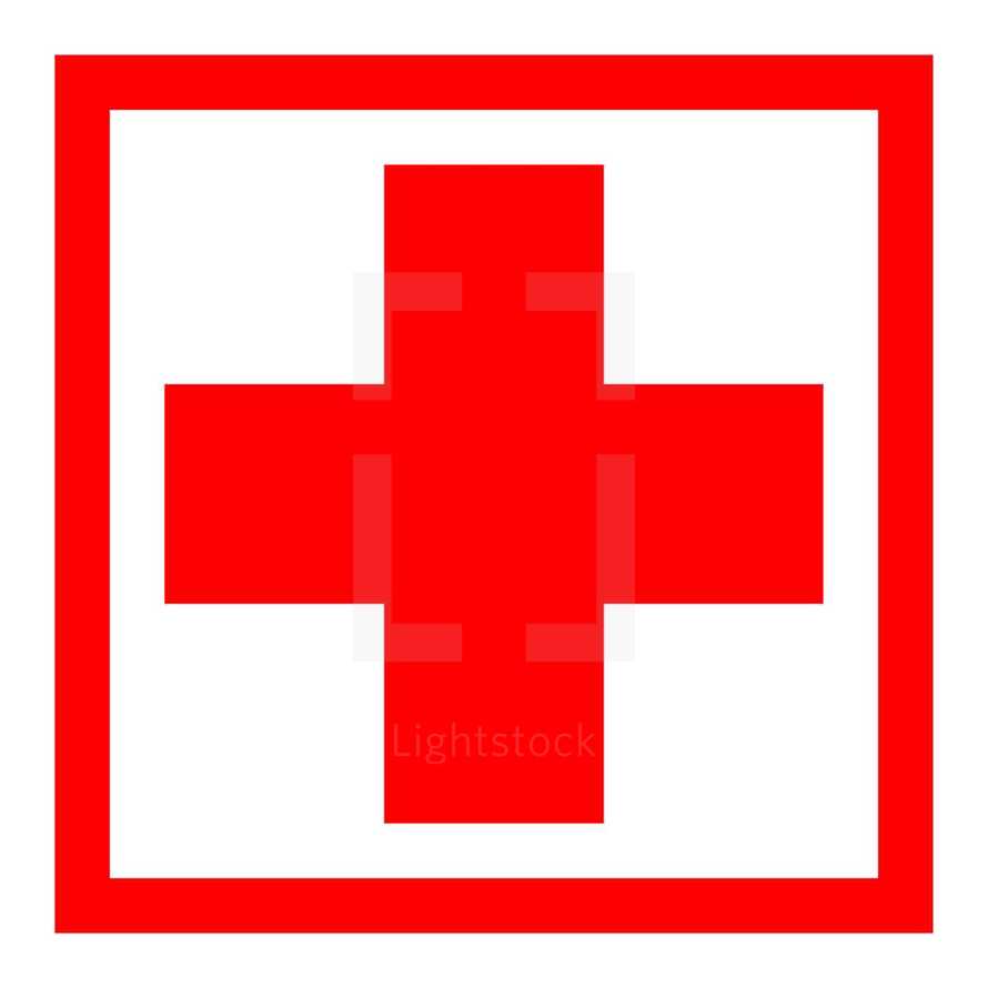 First Aid Symbol or The Red Cross symbol. Red medical sign in square frame on white background is created in trendy flat style. The graphic element for design saved as a vector illustration in the EPS file format.