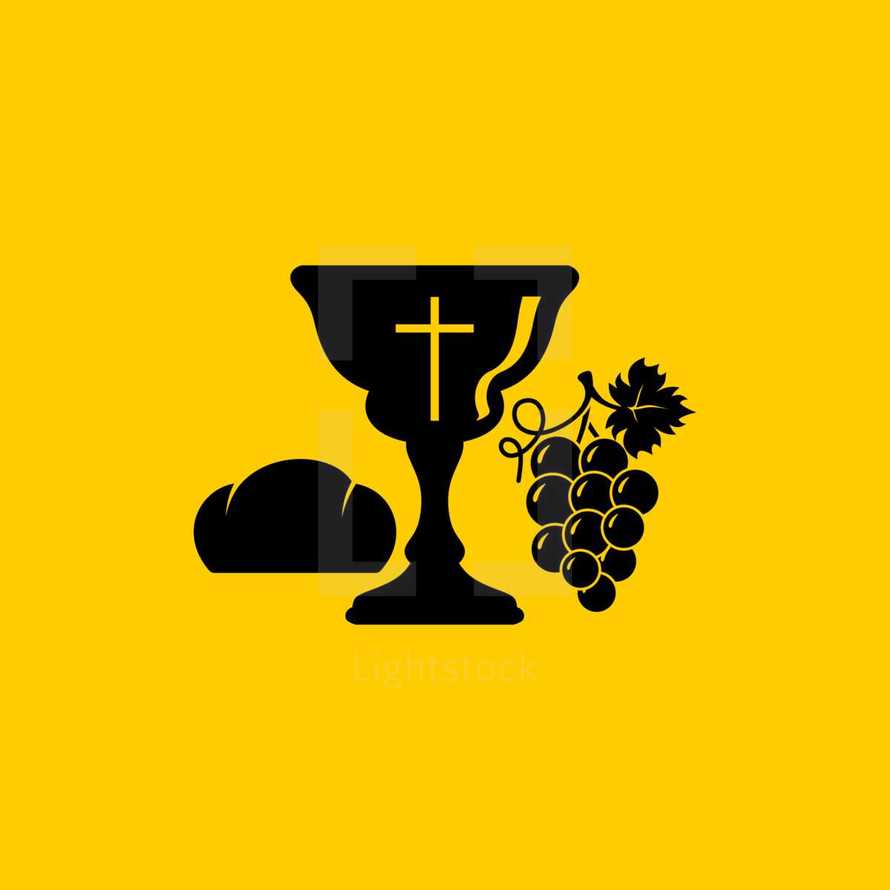 Christian symbols. Communion bowl with wine and bread.