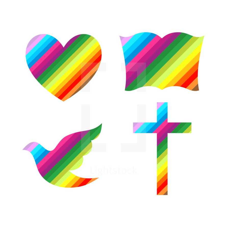 rainbow cross, heart, dove, and Bible
