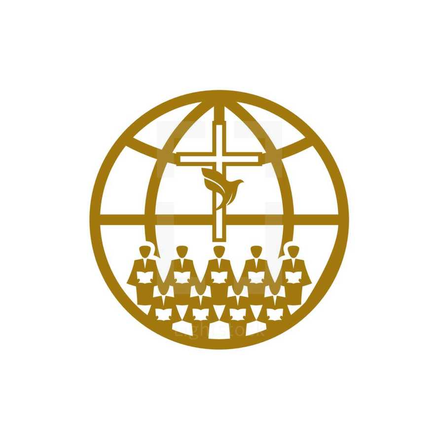 choir, globe, cross, dove, logo 