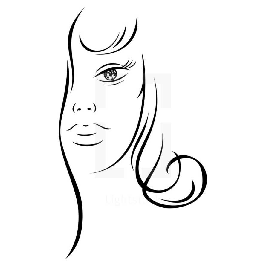 woman's face. Half woman face with long hair. Recolorable shape isolated from background. Vector illustration is a graphic element for artistic design.