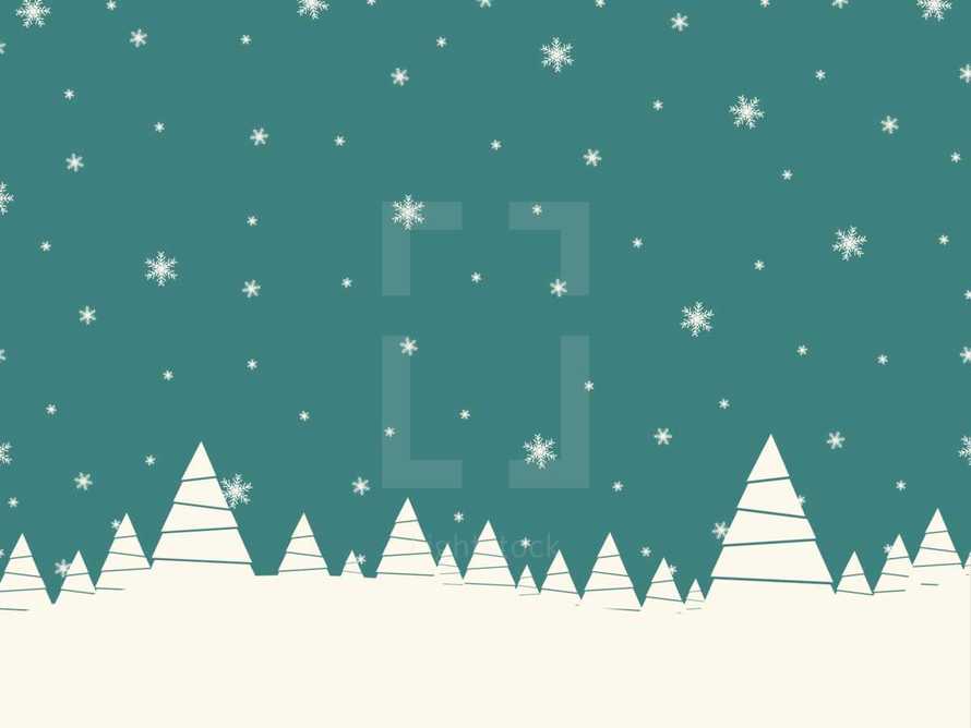 illustration of snowy trees and falling snow.