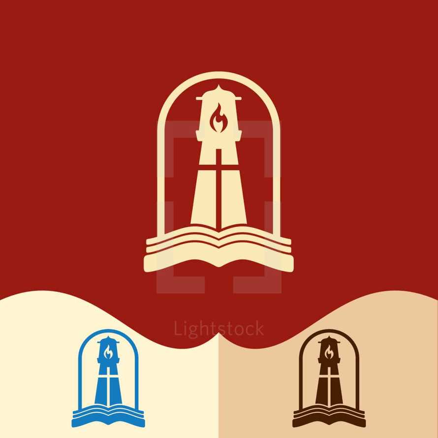 lighthouse lantern on a Bible logo 