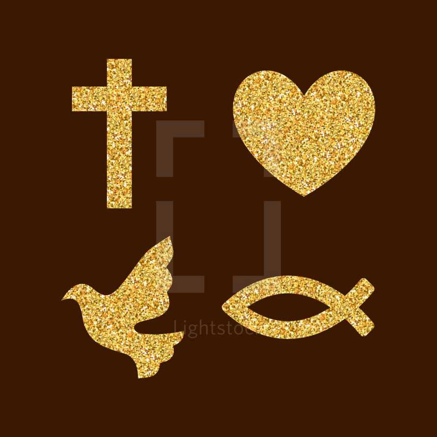 dove, Jesus fish, heart, cross, icons, gold, glittery 