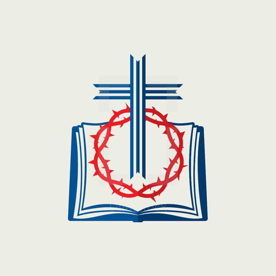cross, crown of thorns, red, blue, bible, pages, icon