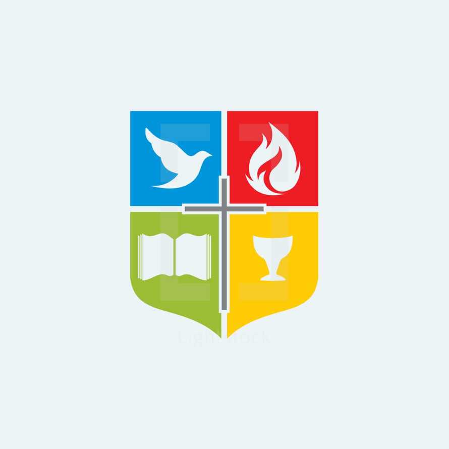 shield, cross, red, blue, red, green, color blocks, Bible, chalice, dove, flame
