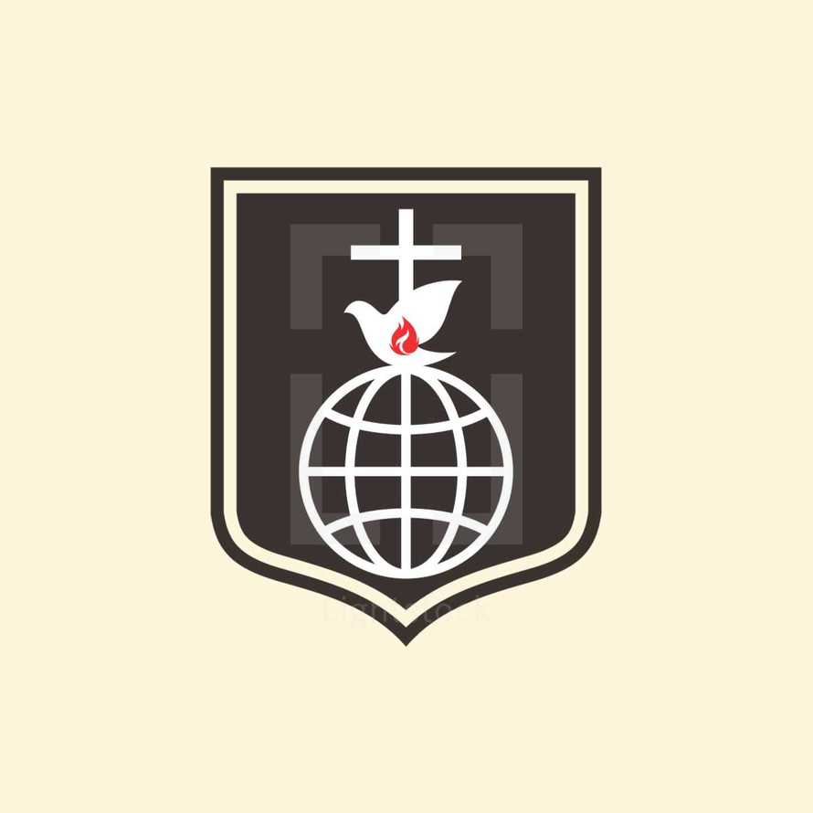 missions, globe, dove, cross, Christianity, icon, flame, shield 