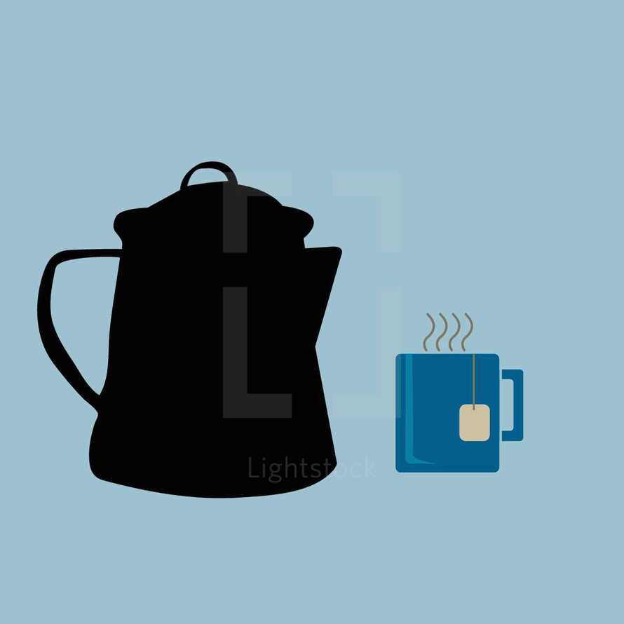 tea pot, tea bag, and mug